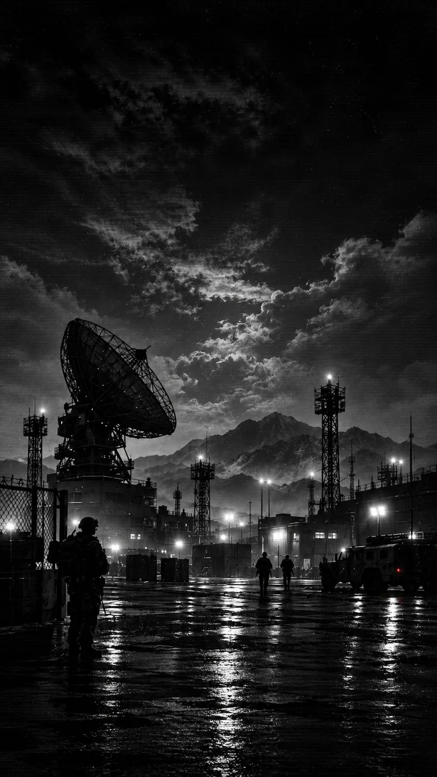 Not From Here: a military base at night with a radar dish, floodlit towers and soldiers on wet tarmac, under a black eclipse